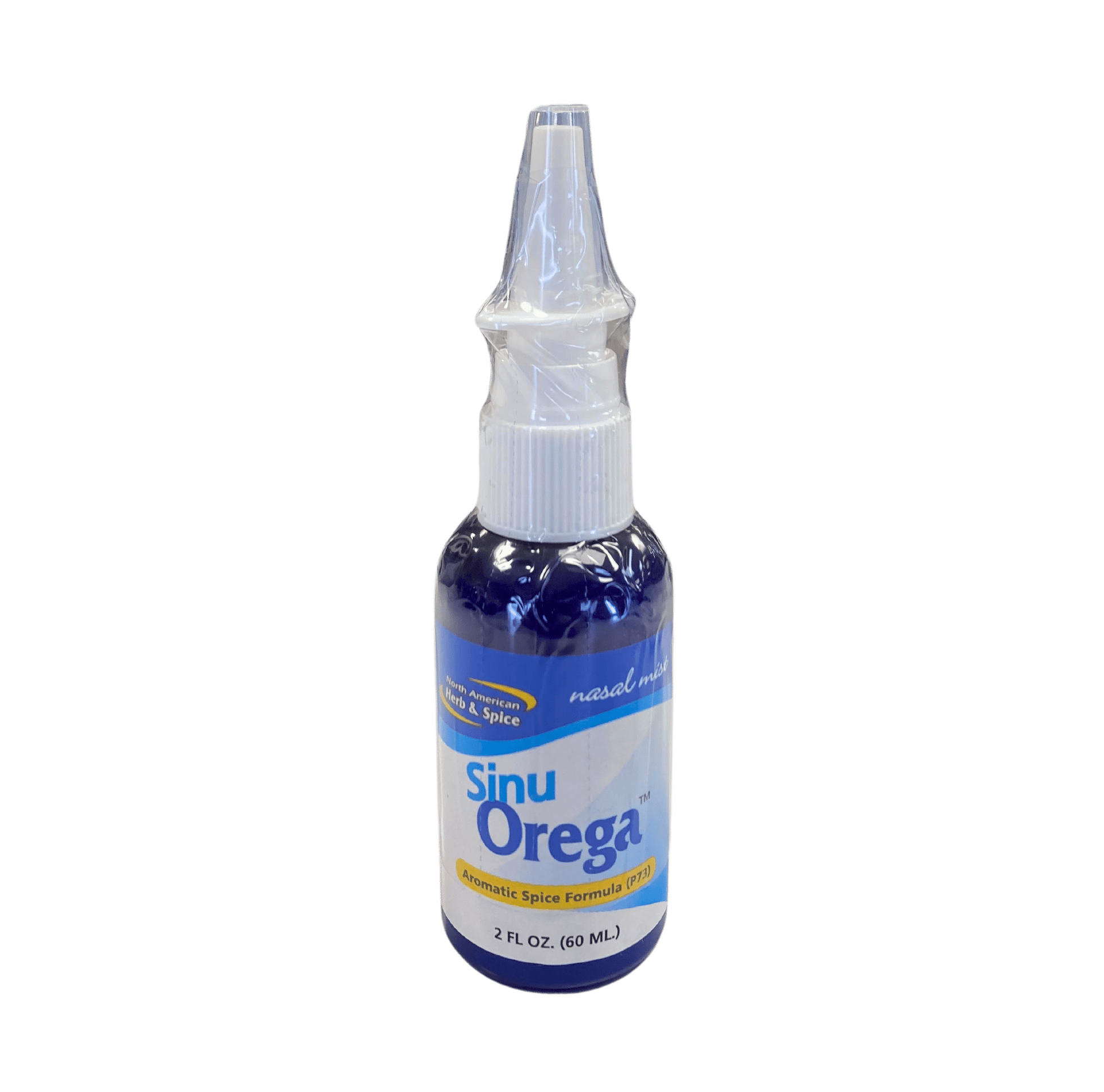 Sinu-Orega Aromatic Spice Formula nasal spray by Country Life Natural Foods, featuring a white spray bottle with a blue cap.