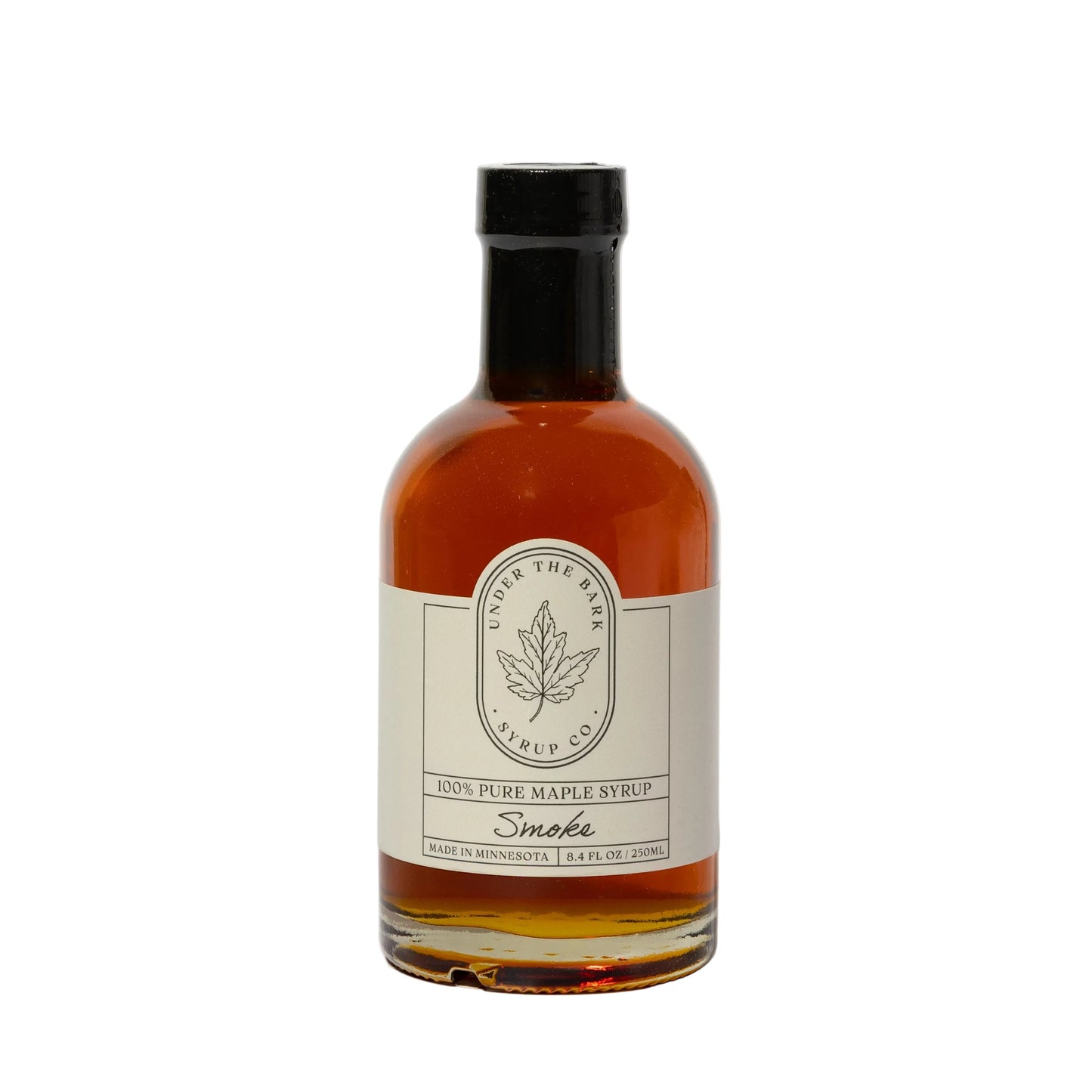 8oz bottle of Smoke Maple Syrup from Under The Bark Syrup Co, showcasing rich, dark syrup with a smoky flavor profile.