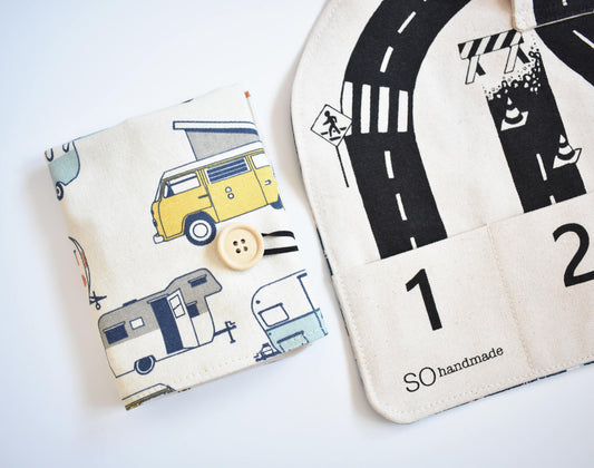Colorful car-themed playmat by So Handmade Shop with roads and city scenery, perfect for travel and imaginative play.
