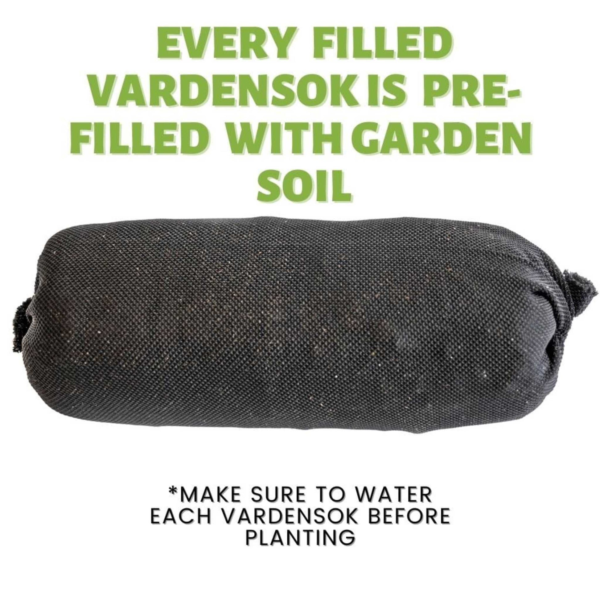 Soil-filled Varden™ Vardensok by Bootstrap Farmer showing a durable, woven fabric grow bag filled with soil for gardening.