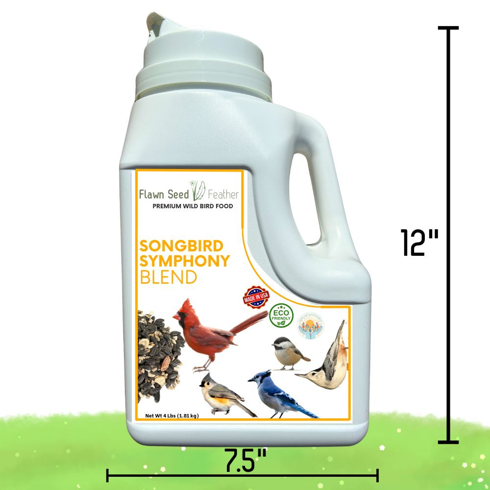 Wild bird seed blend in a 4-pound jug from Flawn Seed Kits, designed to attract songbirds like finches and sparrows.