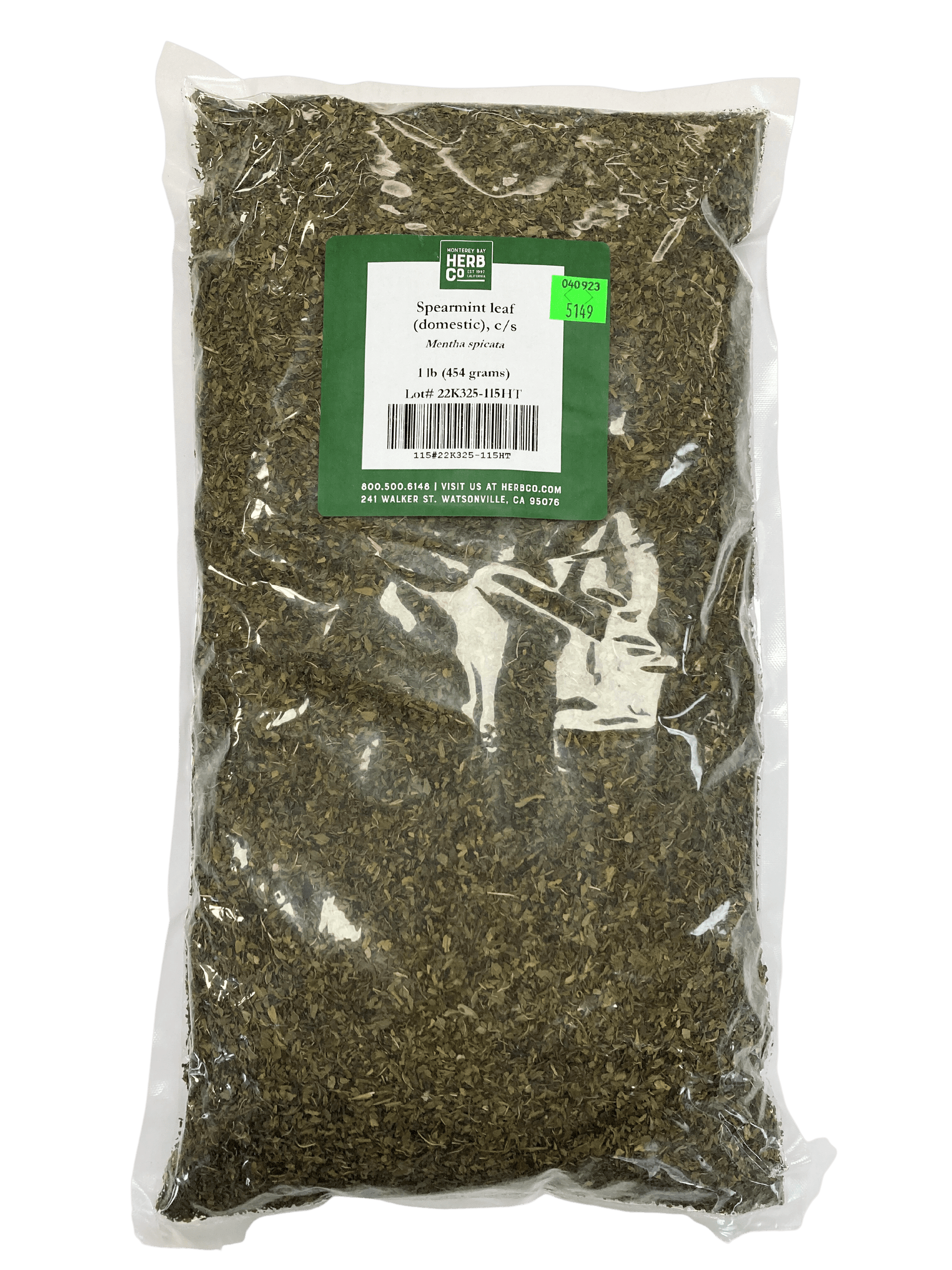 Sifted cut spearmint leaves from Country Life Natural Foods, showcasing fresh green herb for culinary or herbal use.
