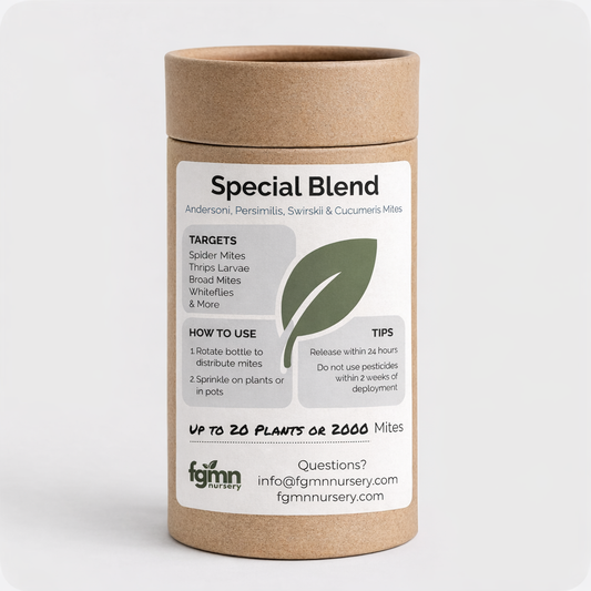 FGMN Nursery Special Blend Predatory Mite Mix treatment bottles for pest control, featuring multiple mite species in clear bottles.