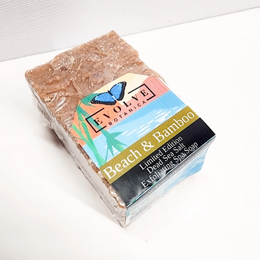 Evolve Botanica Beach & Bamboo Limited Edition Salt Bar soap with natural beach and bamboo scent, textured surface, and elegant packaging