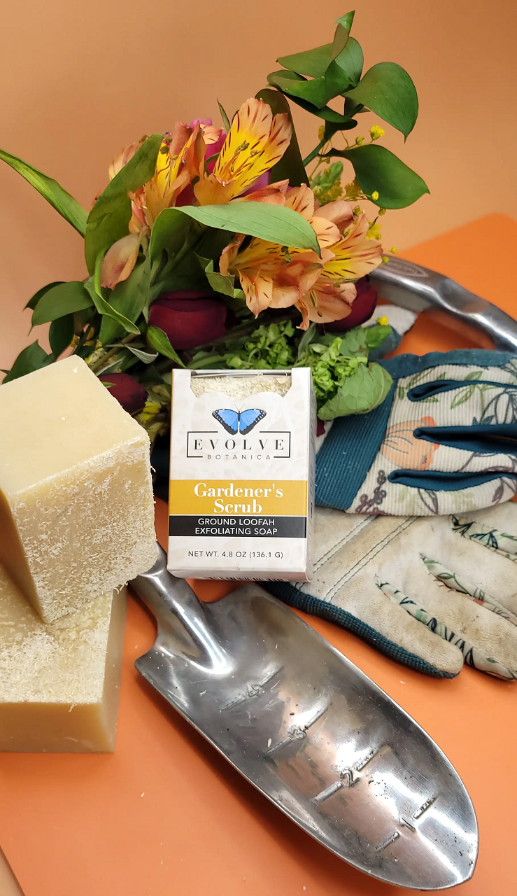 Evolve Botanica Gardener's Specialty Soap with natural ingredients, showing a bar of soap with botanical packaging.