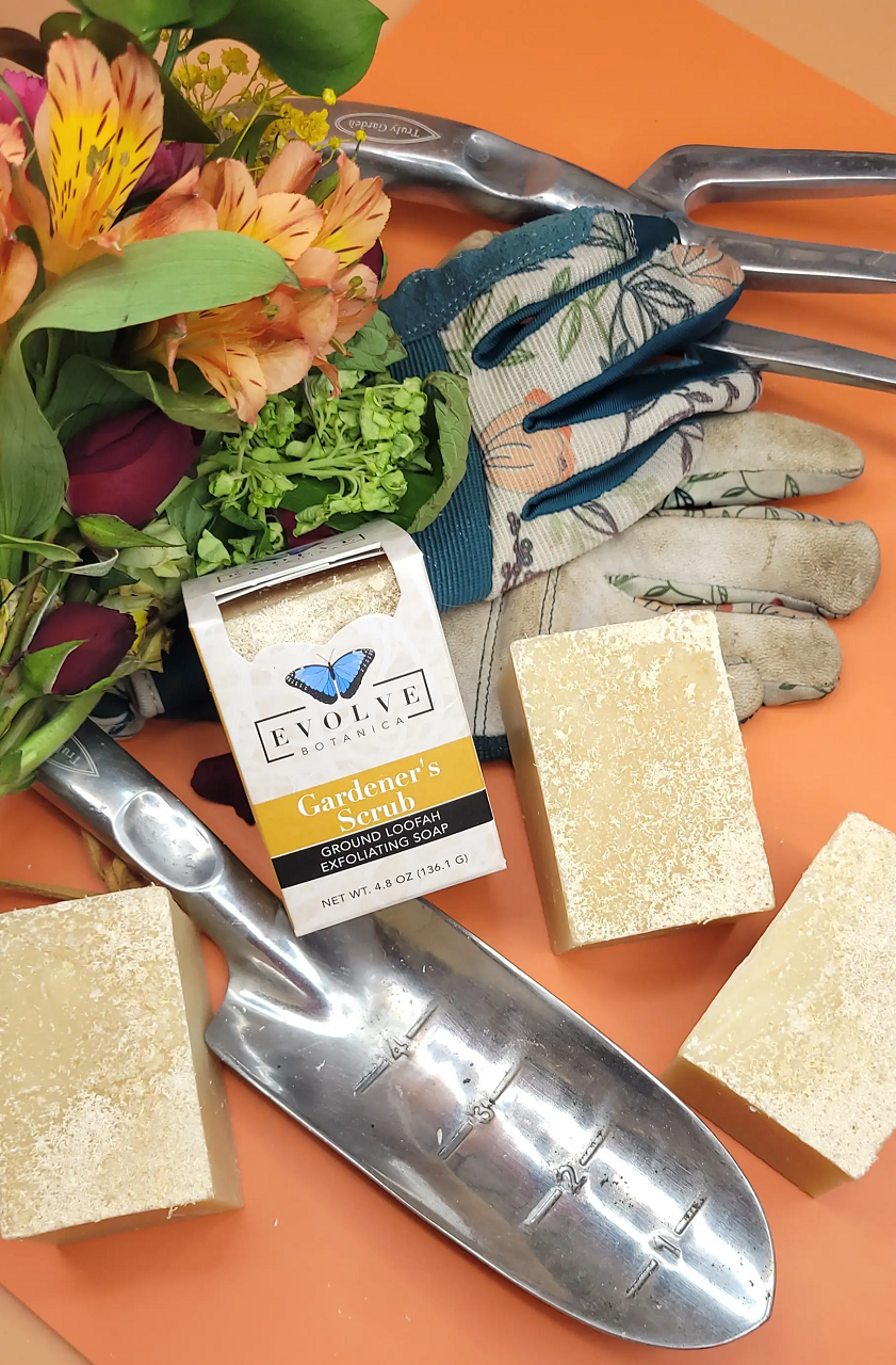 Evolve Botanica Gardener's Specialty Soap bar with natural ingredients, shown in a close-up image on a white background.
