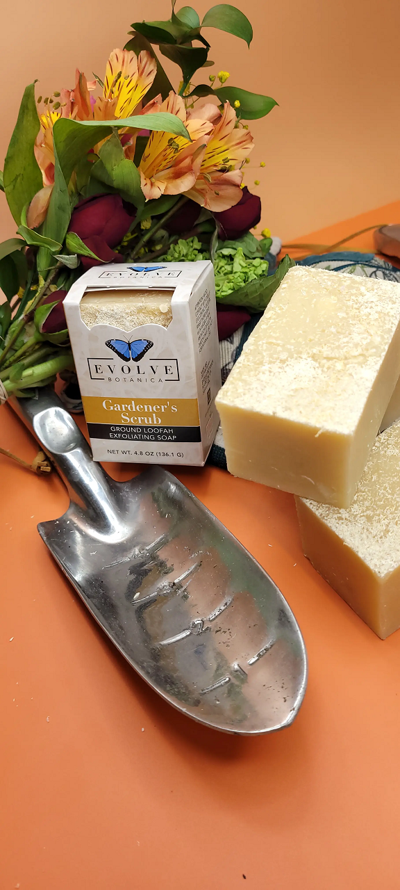 Evolve Botanica Gardener's Specialty Soap with natural ingredients, shown in a bar form for outdoor gardening skin care.