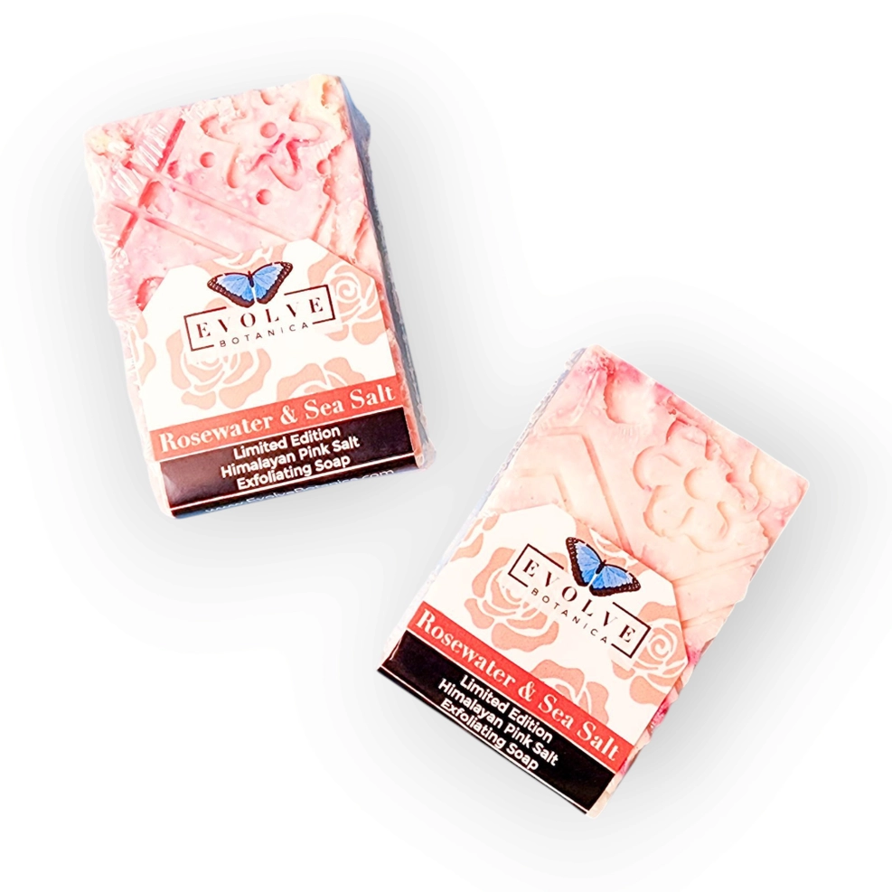 Evolve Botanica specialty soap bar with rosewater and sea salt, limited edition salt bar, natural and nourishing skincare product.