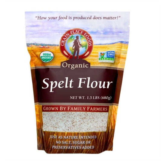 Organic spelt flour in a 1.5 lb bag from Grain Place Foods, non-GMO, suitable for baking and healthy cooking.