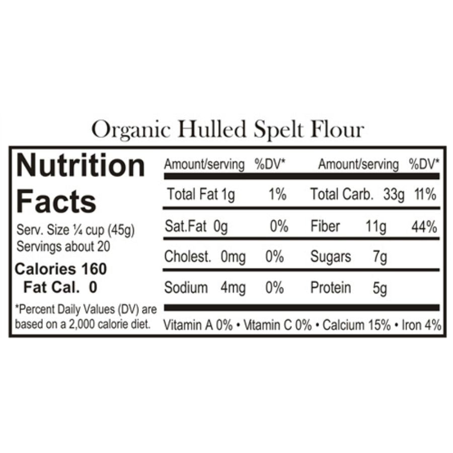 Organic spelt flour in a 1.5 lb bag from Grain Place Foods, non-GMO, ready for baking or cooking.