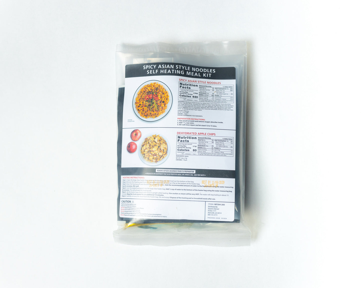 Self-heating spicy Asian-style noodles meal kit by Heaven's Harvest with freeze-dried ingredients on white background.