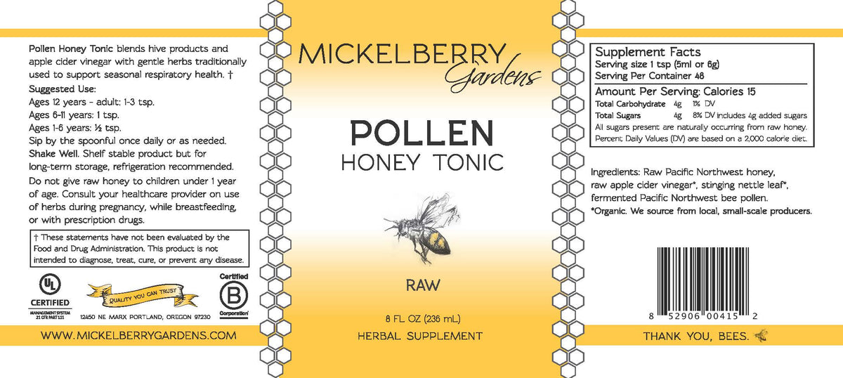 Spoonful of raw honey oxymel from Mickelberry Gardens Pollen Honey Tonic, used to support seasonal comfort and wellness.