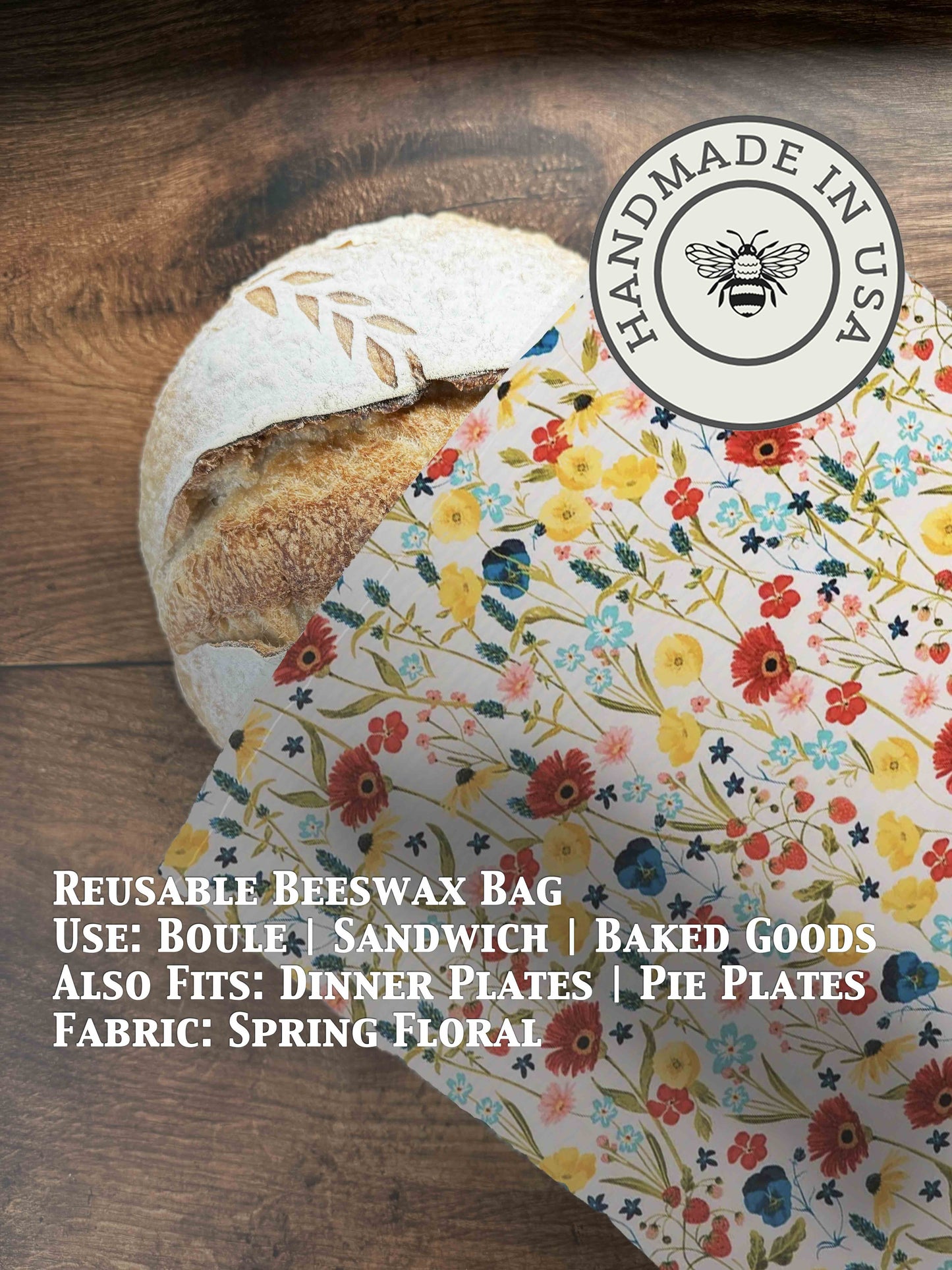 Beeswaxed bread bag from Five Oaks Farm with spring floral pattern, reusable eco-friendly storage for bread and baked goods.