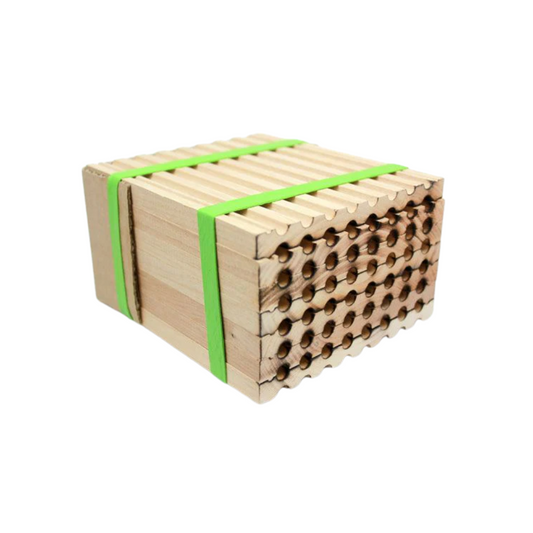 Spring reusable wood tray for mason bees by CrownBees, featuring 48 holes, made in the USA for bee nesting and habitat support.