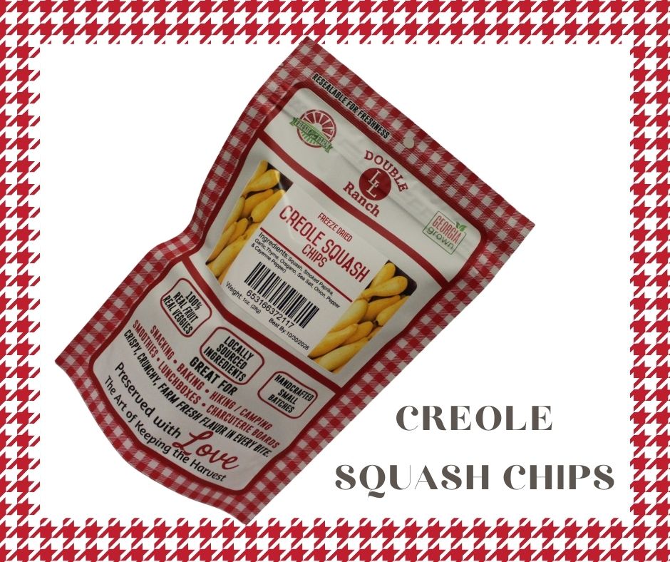 Freeze dried Creole Squash Chips by Double L Ranch, crispy orange squash slices with textured surface and vibrant color.
