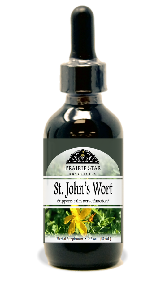 St. John's Wort singles supplement in a bottle from Prairie Star Botanicals, featuring fresh herbal capsules.