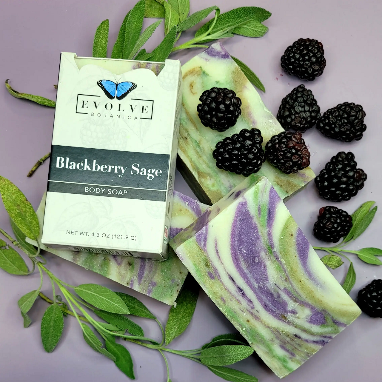 Evolve Botanica Blackberry Sage standard soap bar with blackberries and sage herbs visible on the soap surface.