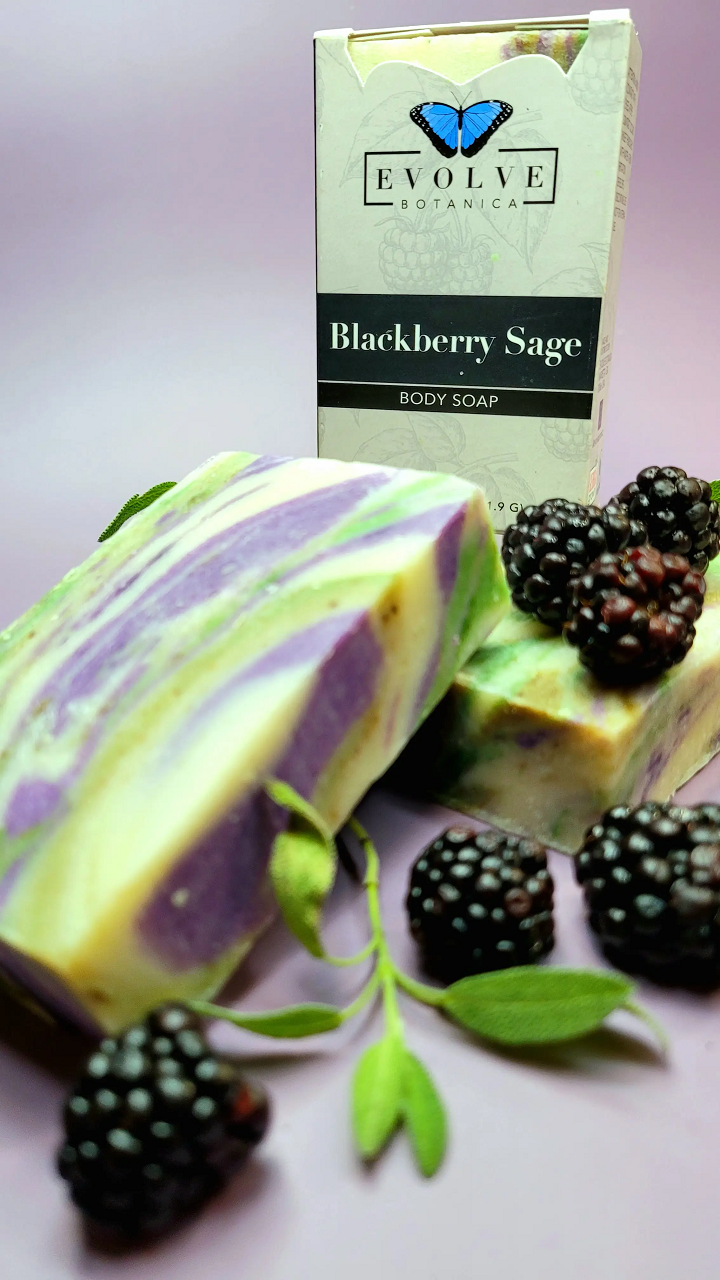 Evolve Botanica Blackberry Sage standard soap bar with natural ingredients and herbal scent, displayed on a neutral background.