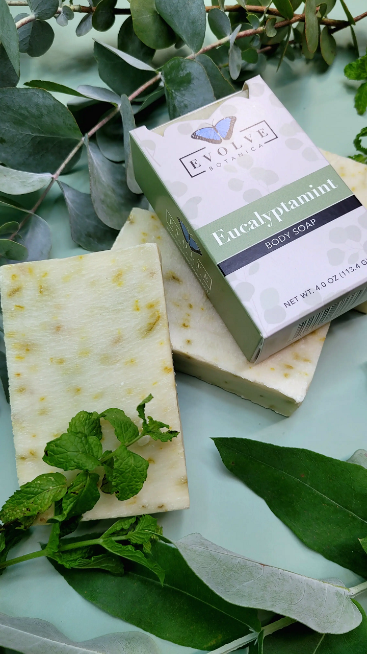 Evolve Botanica Eucalyptamint standard soap bar with refreshing eucalyptus and mint scent, wrapped in natural packaging.