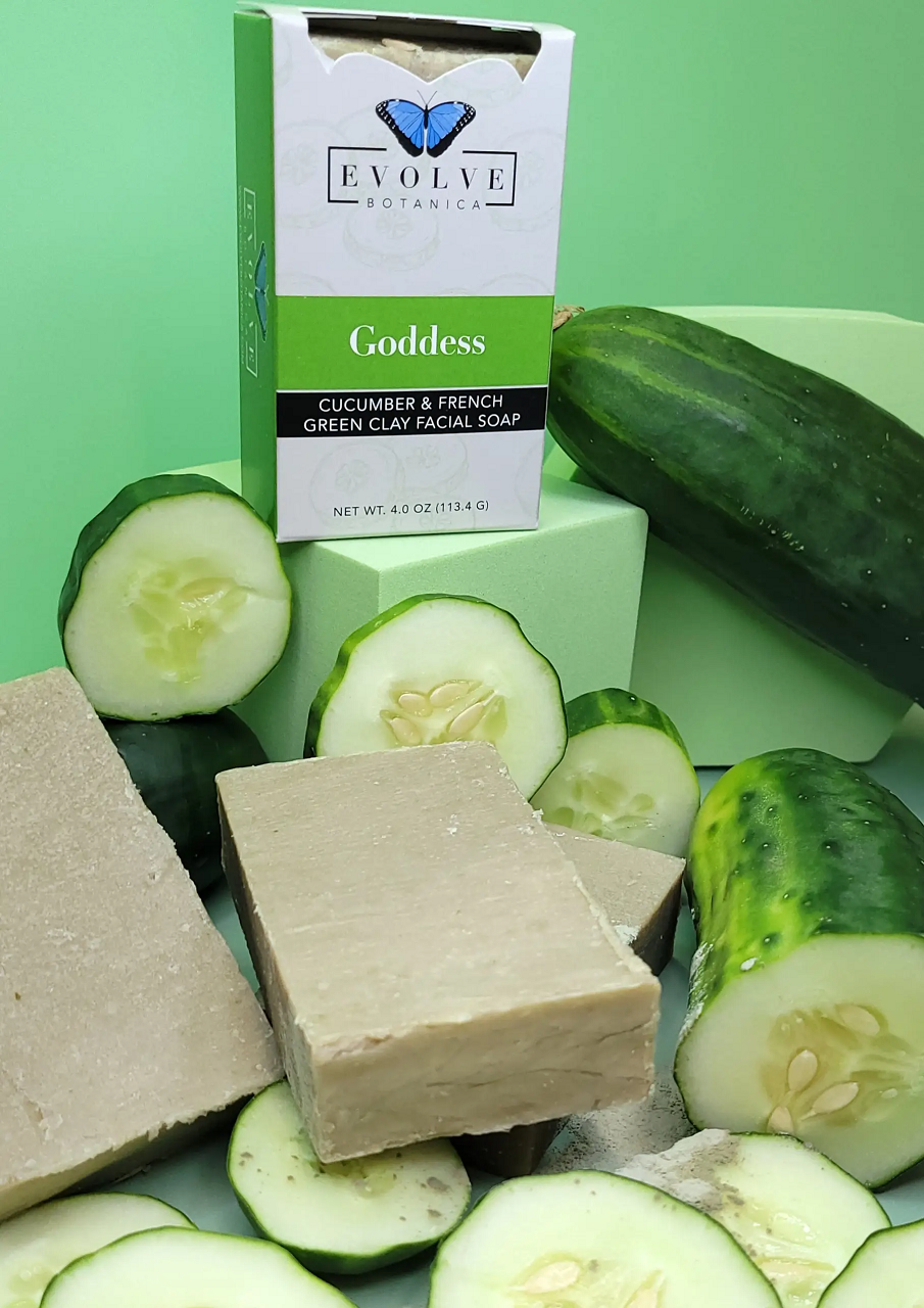 Evolve Botanica Goddess Cucumber & French Green Clay facial soap bar with natural ingredients and refreshing cucumber scent.