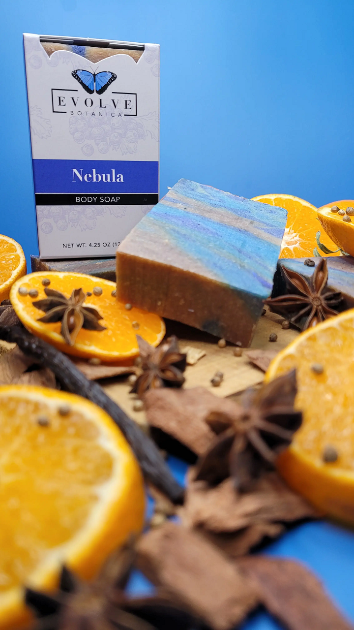 Evolve Botanica Nebula Standard Soap bar with swirling blue and white design, showcasing its smooth surface and vibrant colors.
