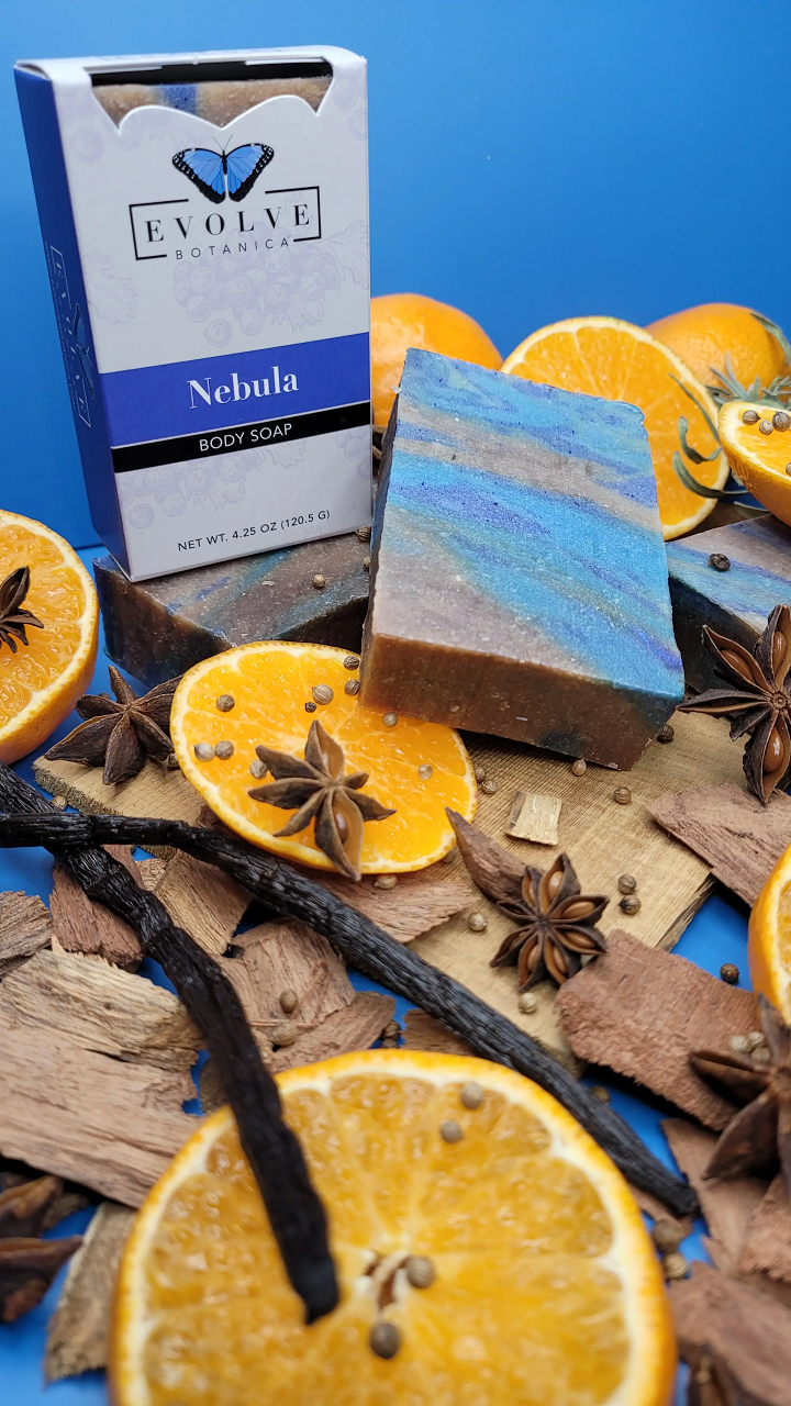 Evolve Botanica Nebula Blue soap bar with a smooth, colorful swirled pattern, showcasing its standard size and vibrant design.