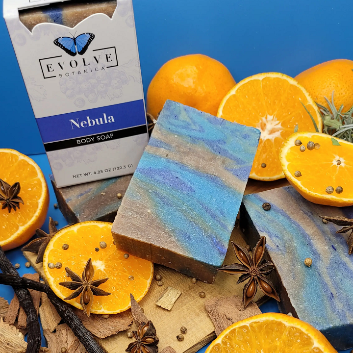 Evolve Botanica Nebula Blue Standard Soap bar with swirling blue and white design on a white background.