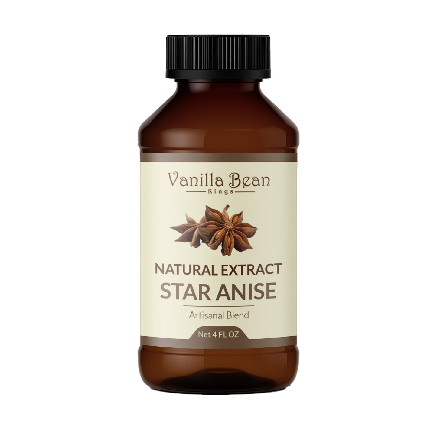 Pure star anise extract from Vanilla Bean Kings for cold care, showing star-shaped anise pods in a clear jar.