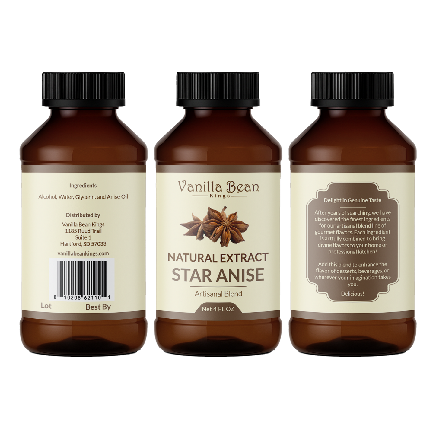 Pure star anise extract from Vanilla Bean Kings for cold care, showing a clear glass bottle of star anise extract.
