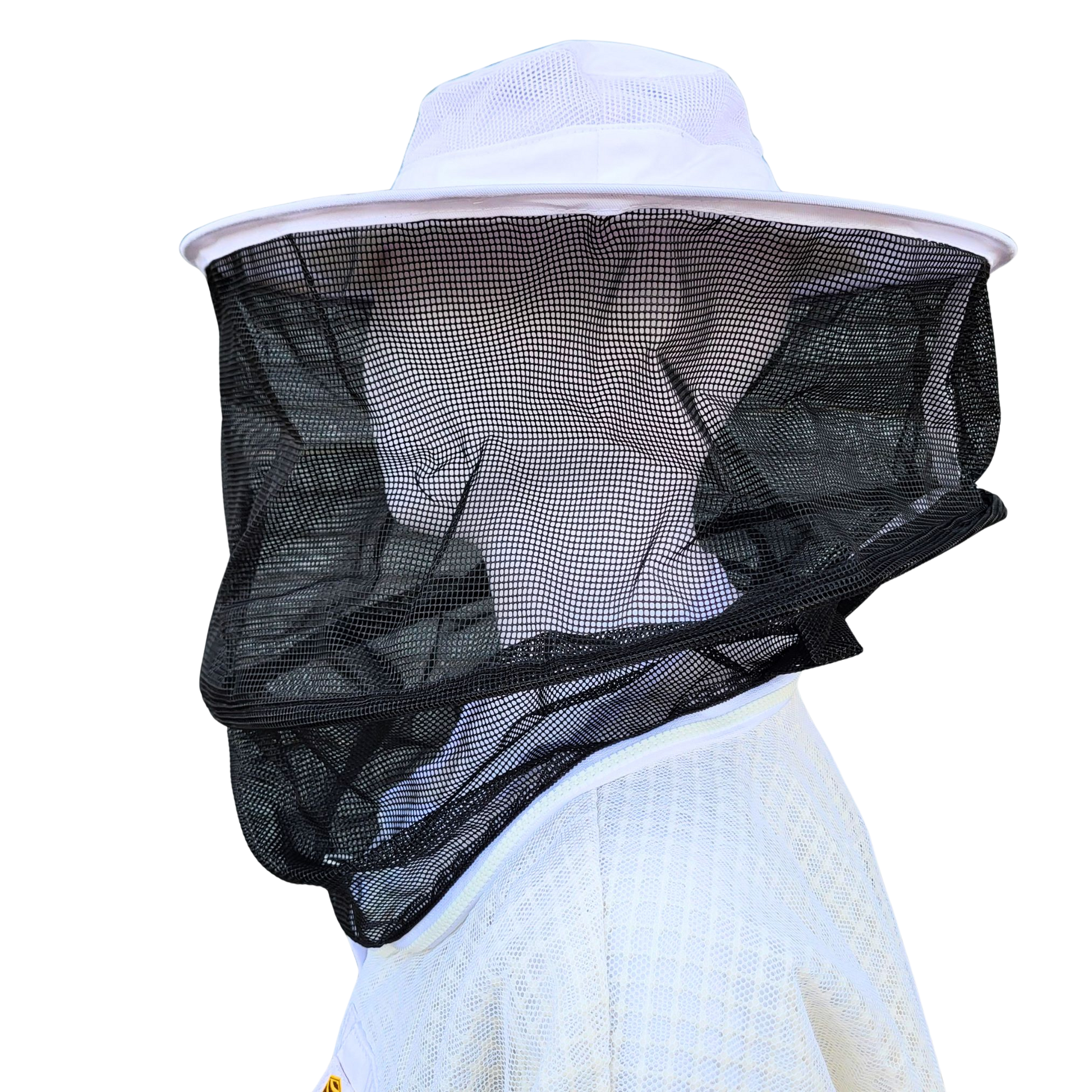 Round beekeeping veil from Foxhound Bee Company with protective mesh and adjustable fit for safe hive management.