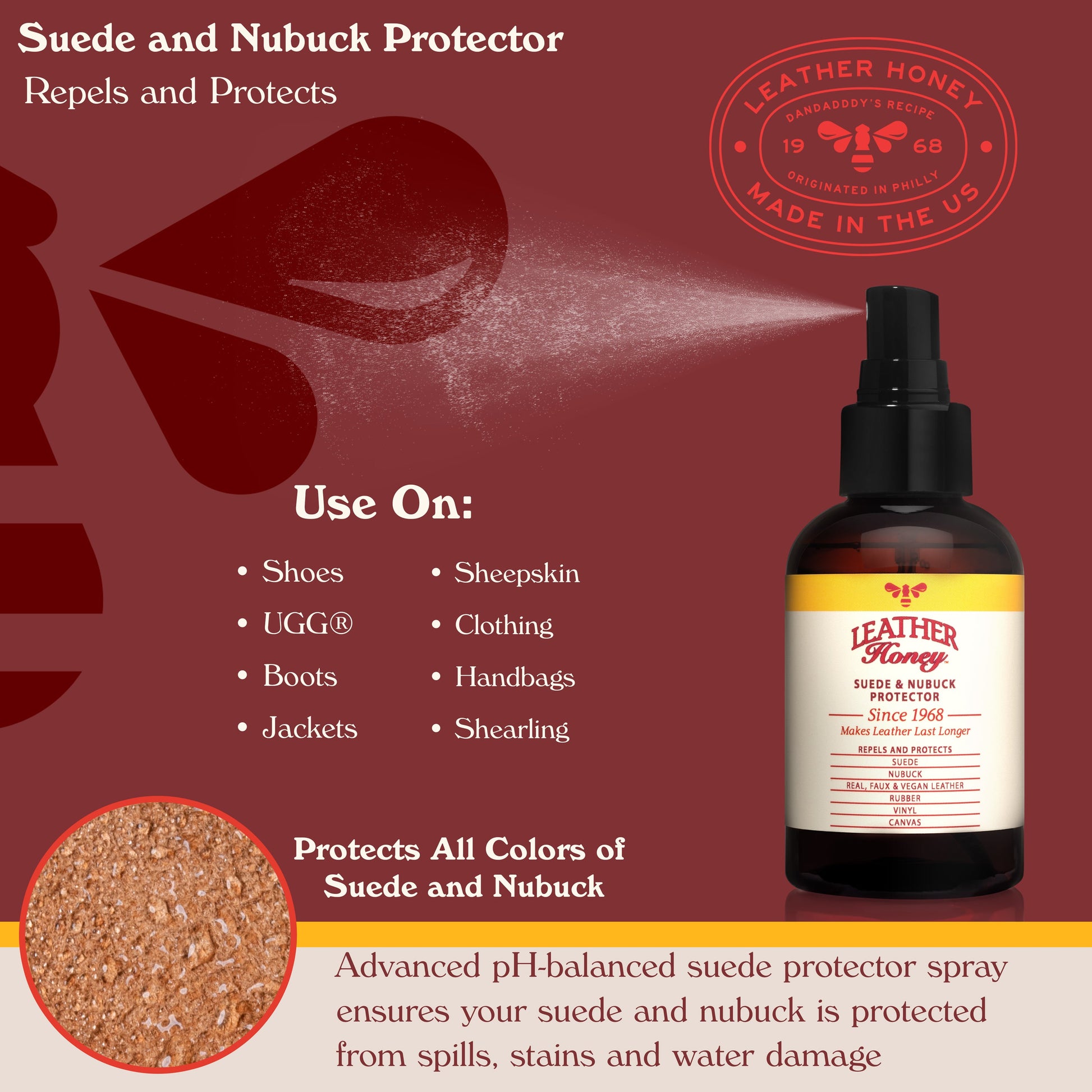 Leather Honey suede and nubuck protector spray for leather care, shown in image with UGG footwear.