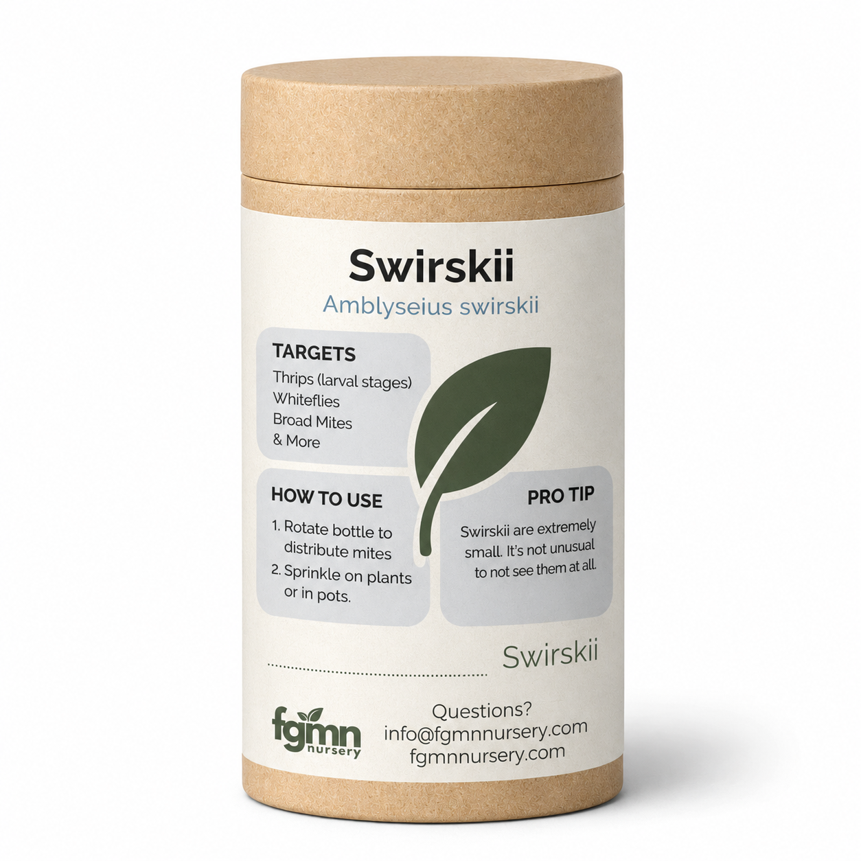 FGMN Nursery Amblyseius swirskii thrips treatment bottle for natural pest control in greenhouse and garden settings.