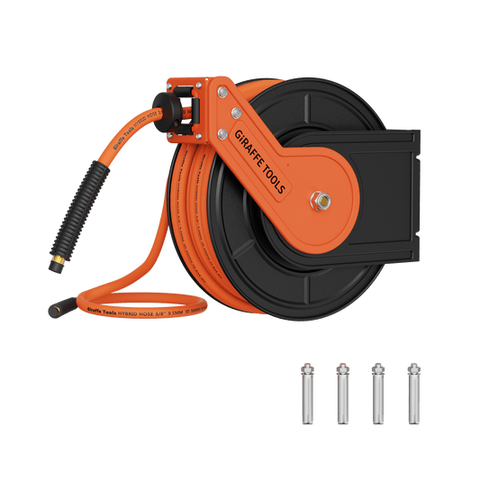 Giraffe Tools US retractable air hose reel with alloy steel construction, 3/8 inch diameter, 25 to 50 feet length, mounted on wall