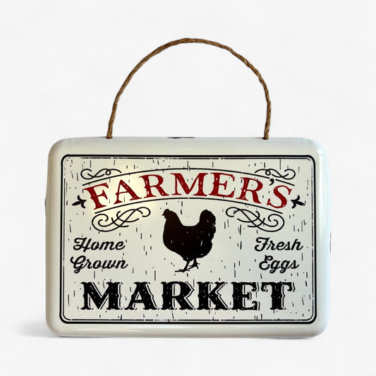 Rustic metal vintage farmer's market sign with a chicken design, ideal for farmhouse home decor by Iron & Blossom.