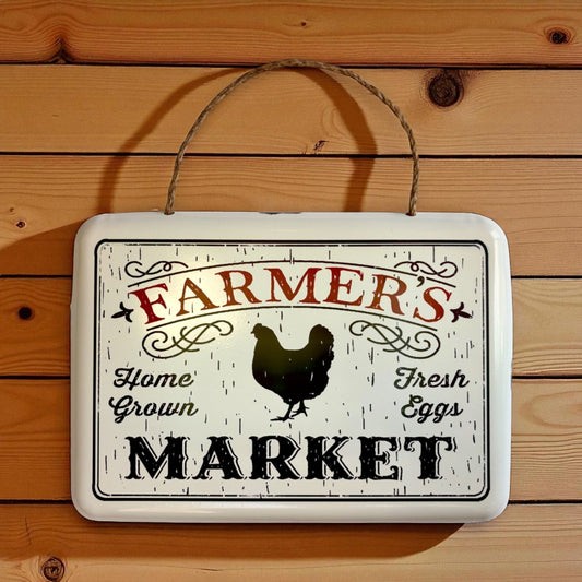 Rustic metal vintage farmer's market sign with a chicken design, decorative home decor from Iron & Blossom.