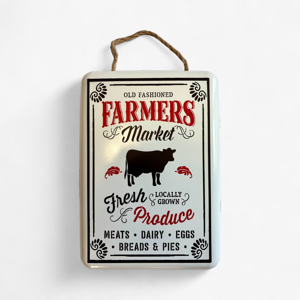 Vintage metal wall art sign featuring a cow and "Farmers Market" text, by Iron & Blossom, suitable for farmhouse decor.