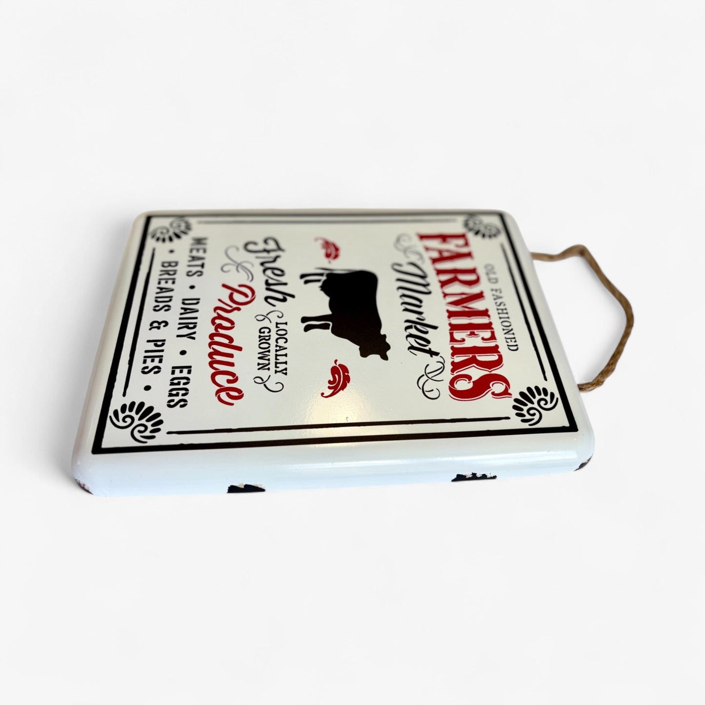 Vintage metal wall art sign featuring a cow and "Farmers Market" text, by Iron & Blossom, with rustic farm market design.