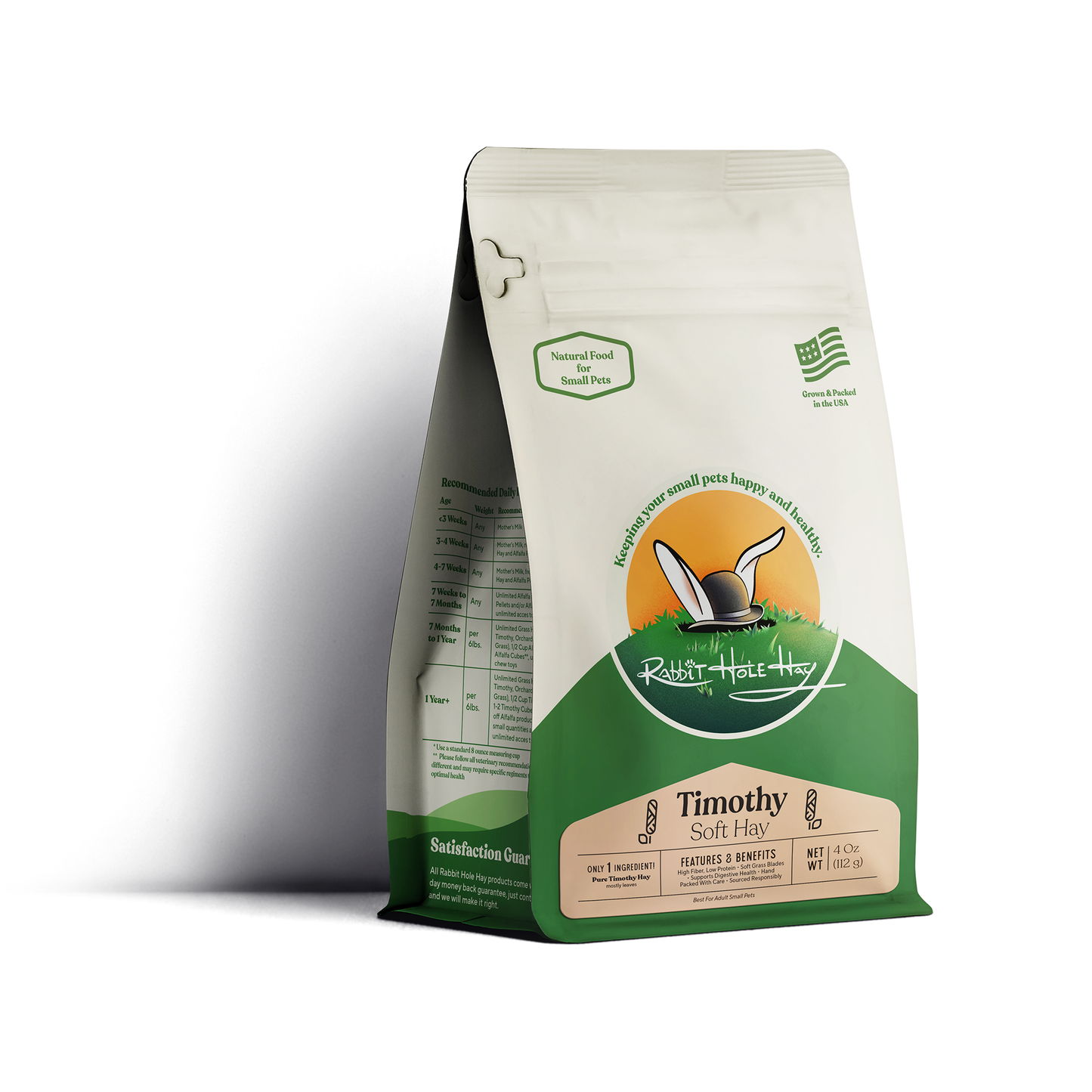 Ultra soft Timothy hay by Rabbit Hole Hay, premium rabbit hay with lush green hay and fresh, tender strands in a clear bag.