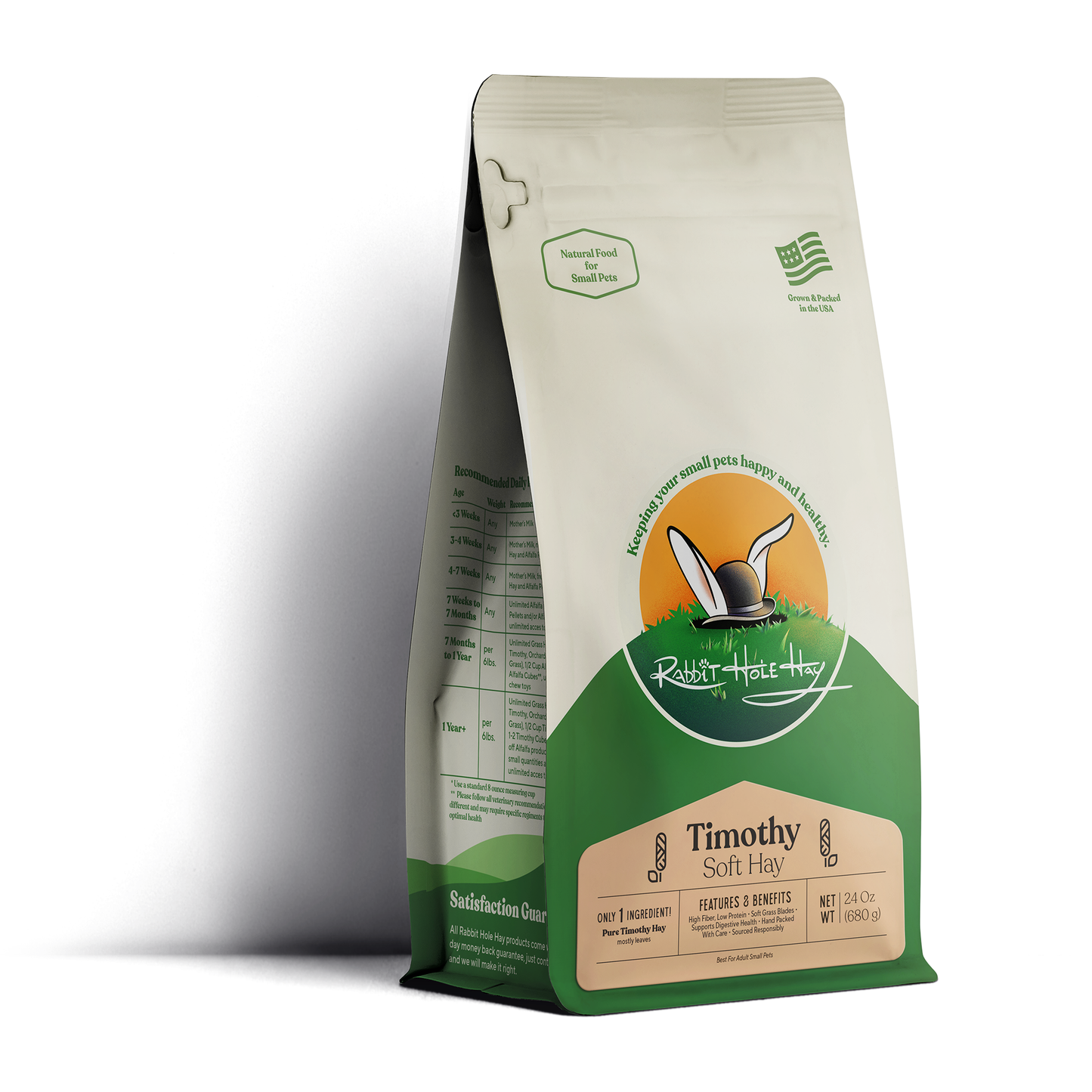 Fresh, ultra-premium soft Timothy hay from Rabbit Hole Hay, ideal for small pets, showing lush green hay in a natural setting.