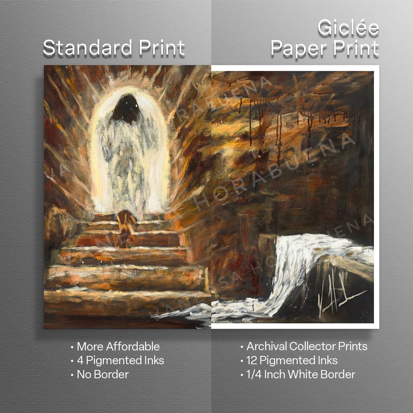 Jesus art print titled "The Empty Tomb" by Vanessa Horabuena, depicting the biblical scene with vibrant colors and detailed imagery.