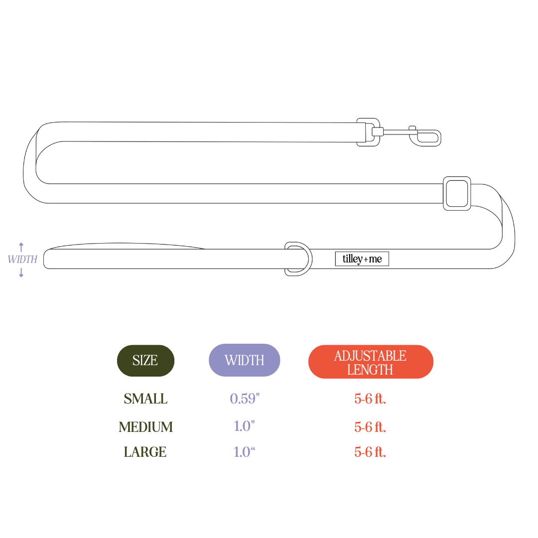 Size chart for Tilley + Me hemp cotton dog leash and collar, showing adjustable, lightweight, durable, and soft leash options.