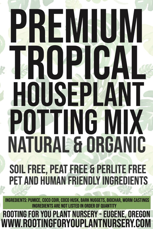 Premium tropical houseplant potting mix by Rooting For You Plant Nursery, showing a bag of general-purpose soil for tropical indoor plants.