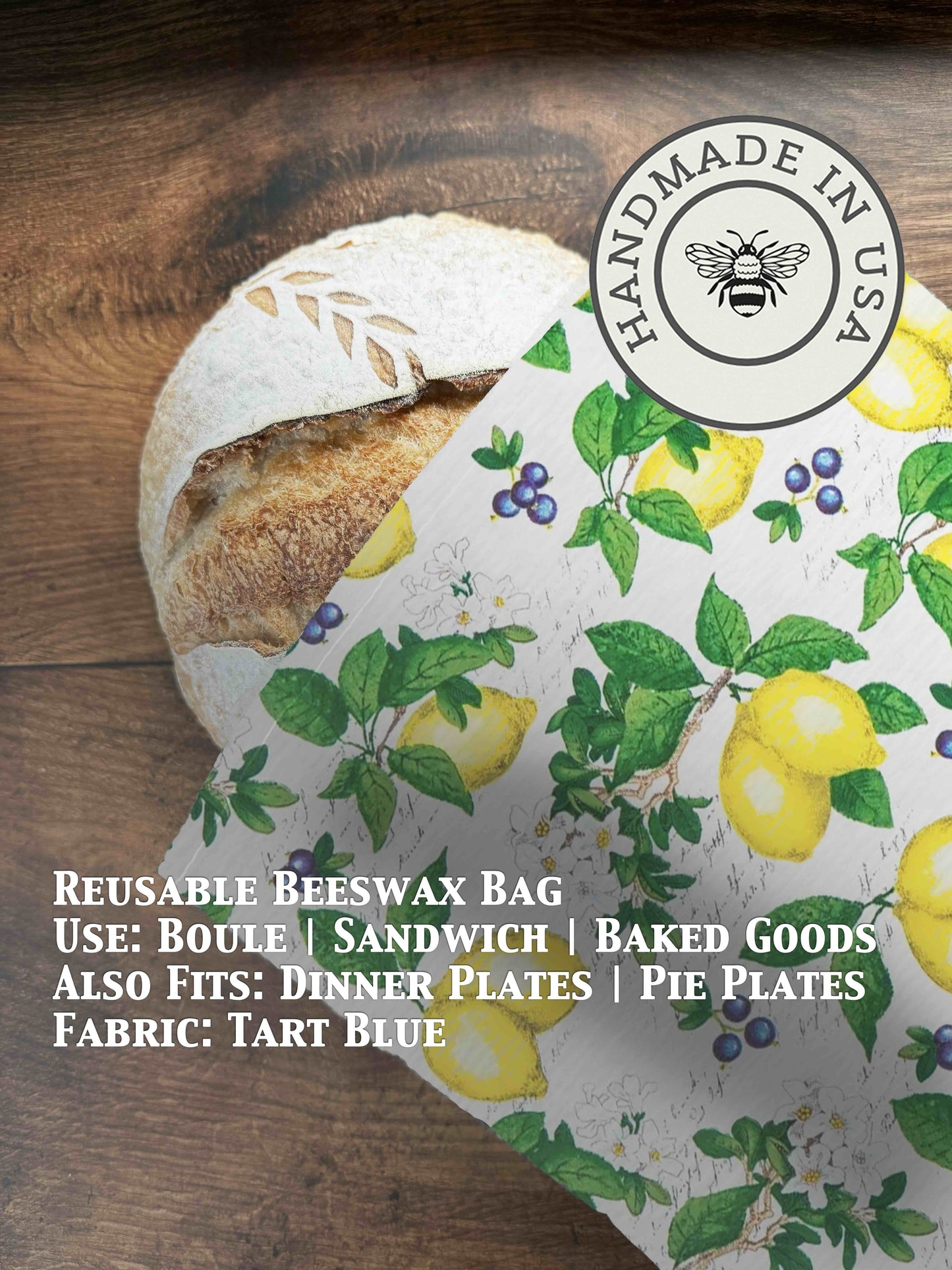 Beeswaxed bread bag from Five Oaks Farm, featuring a tart blue fabric, designed for eco-friendly bread storage.