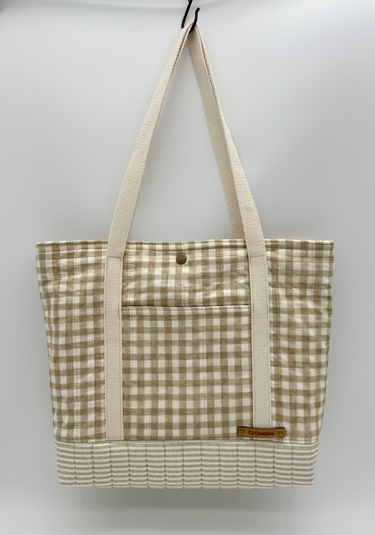 Handmade taupe and cream gingham tote bag with quilted bottom, front view, by C2 Creations LLC.