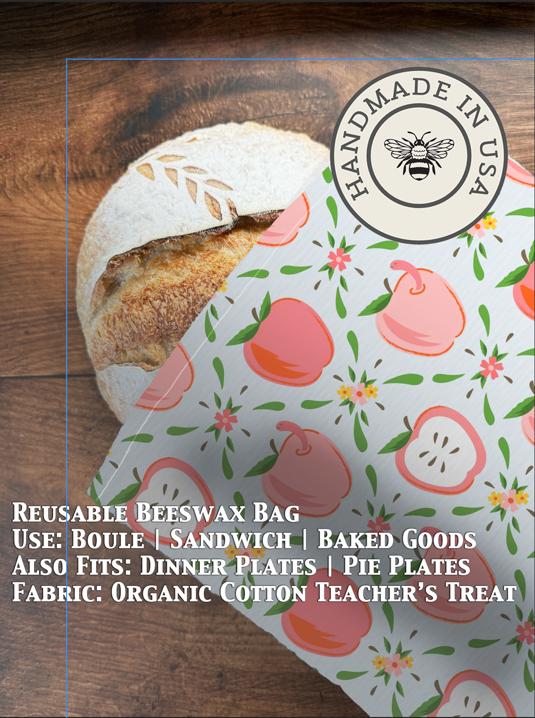 Beeswaxed bread bag from Five Oaks Farm, natural cloth with beeswax coating, designed to store and protect bread naturally.