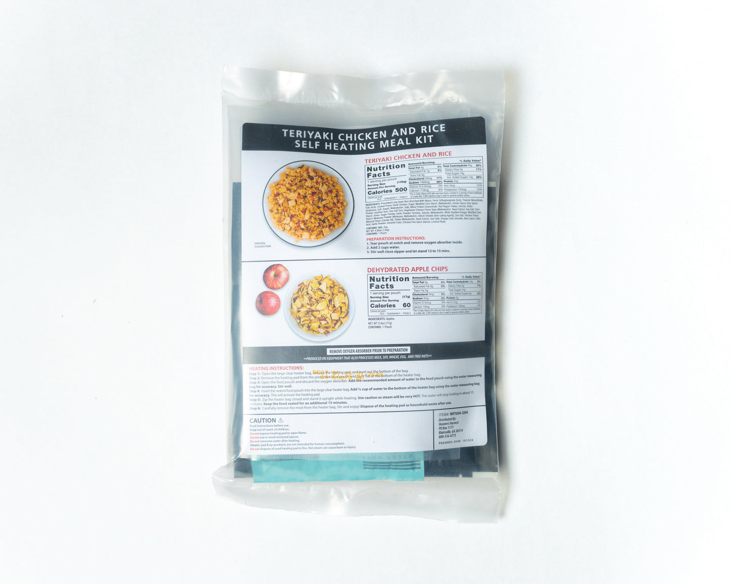 Heaven's Harvest self-heating meal kit with teriyaki chicken and rice in a freeze-dried food package on a white background.