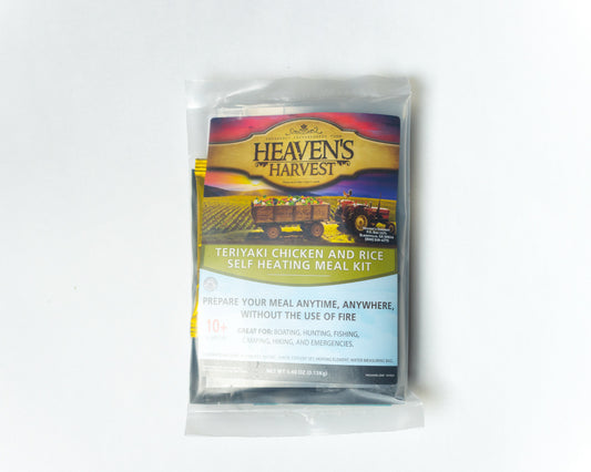 Self-heating meal kit with teriyaki chicken and rice from Heaven's Harvest, featuring the front view on a white background.