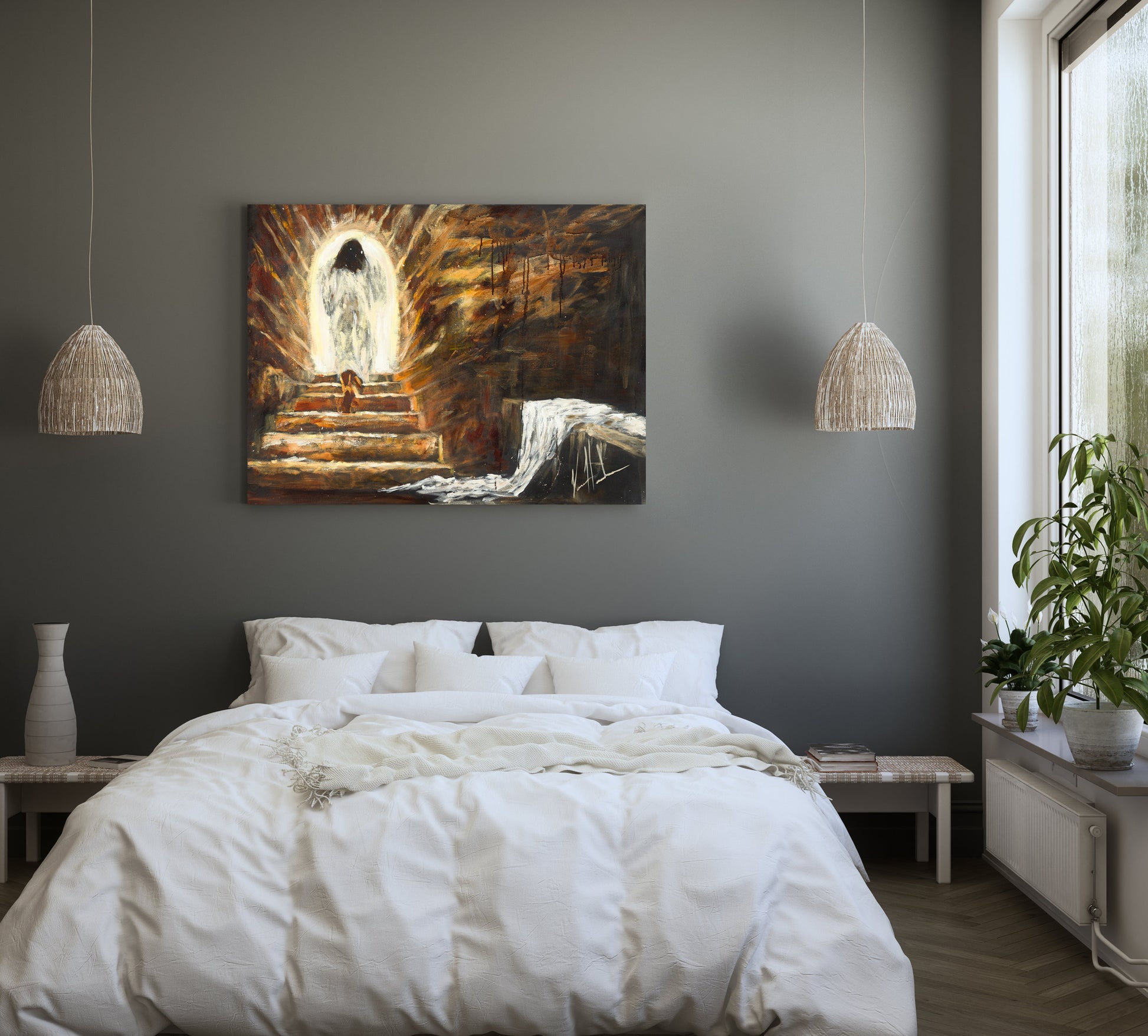 Jesus art print titled "The Empty Tomb" by Vanessa Horabuena featuring the biblical scene with an empty tomb and sunrise background.