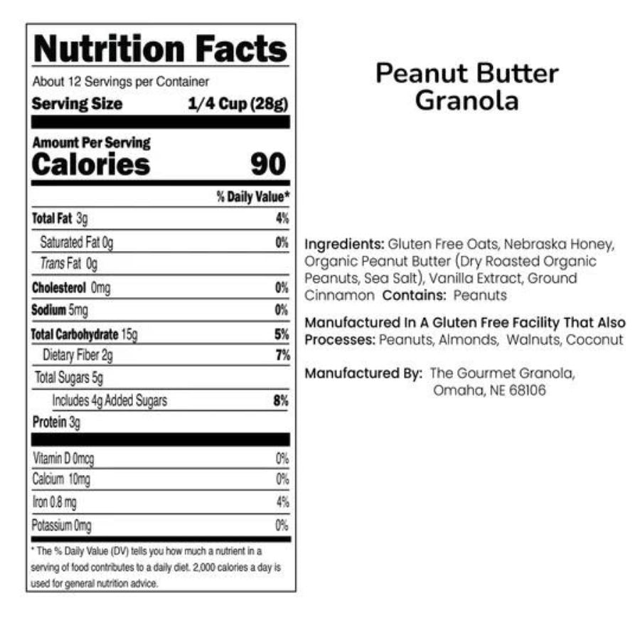 Two 12 oz packs of The Gourmet Granola Peanut Butter Granola, gluten, soy, and dairy free, in a natural food packaging.