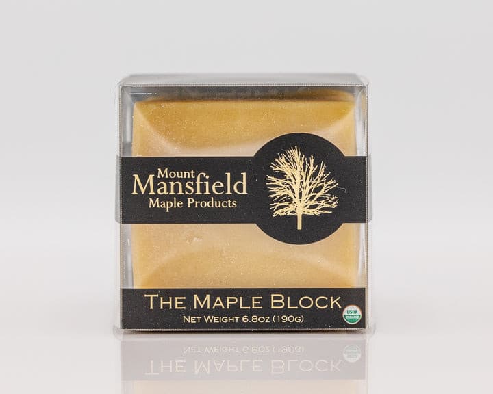 Maple candy called The Maple Block from Mount Mansfield Maple Products, showing a close-up of the caramel-colored maple treat.